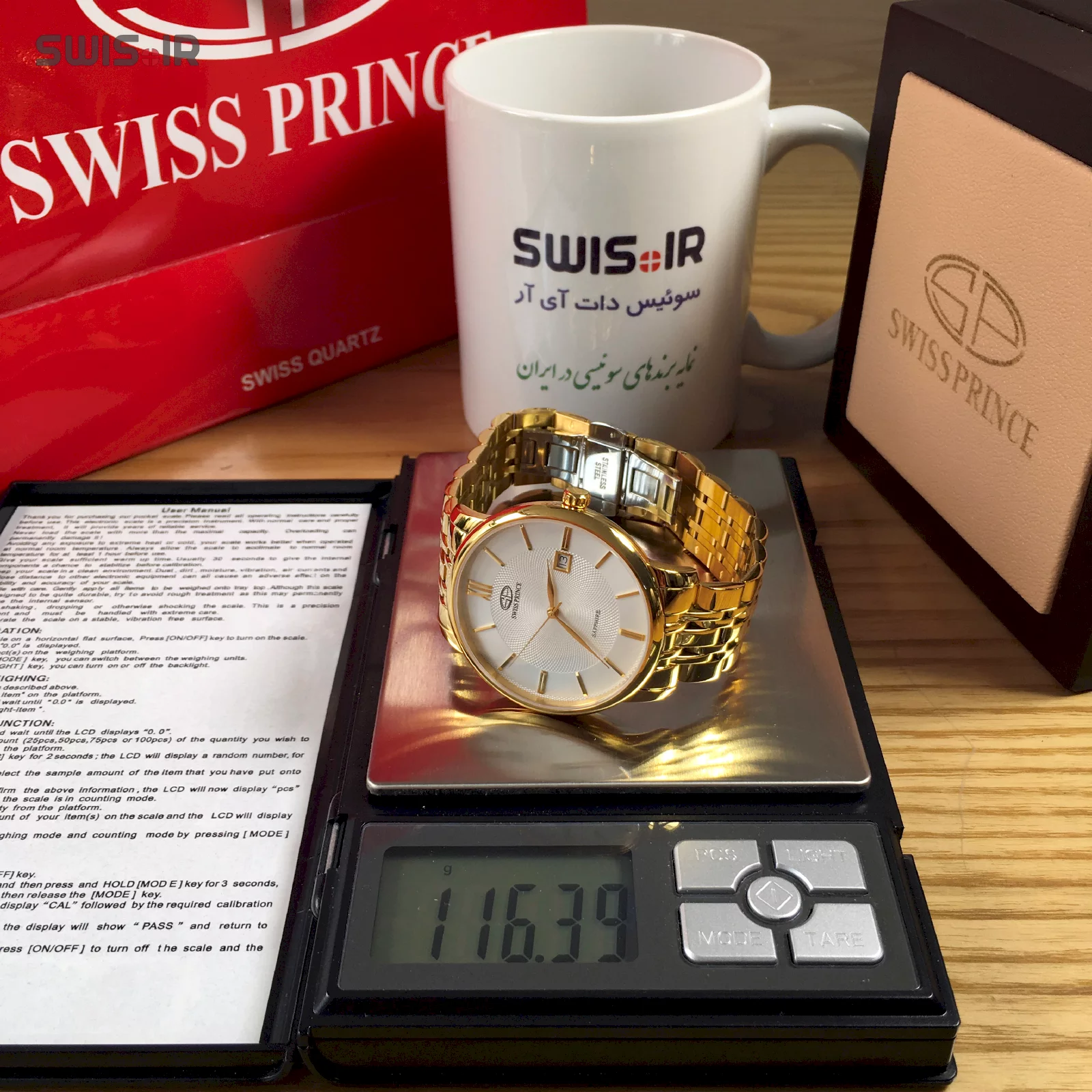 نمایش وزن دقیق ساعت مچی مردانه برند سوئیس پرینس ‌مدل Gold-816-M