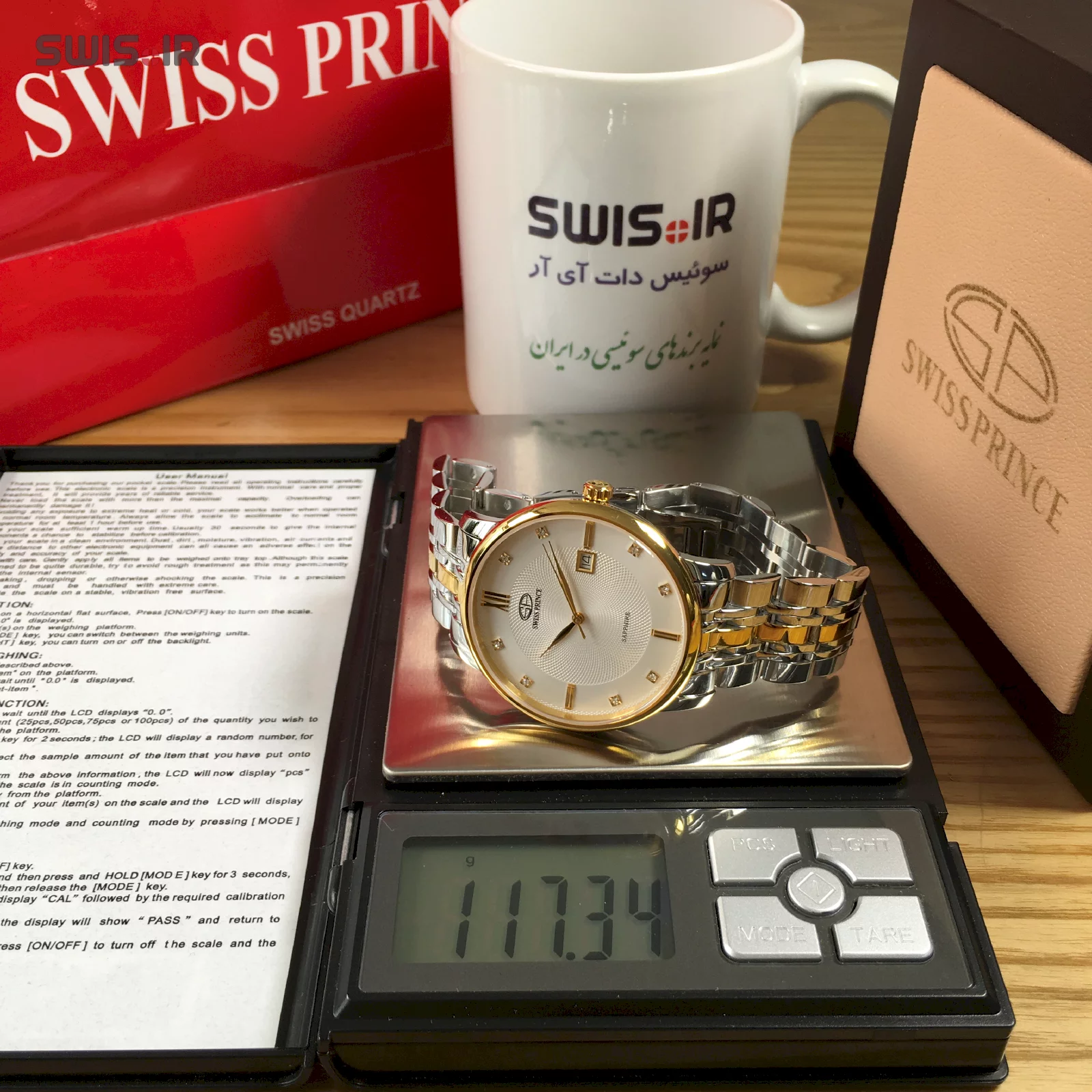 وزن دقیق ساعت مچی مردانه برند سوئیس پرینس مدل MC-GOLD-818-M