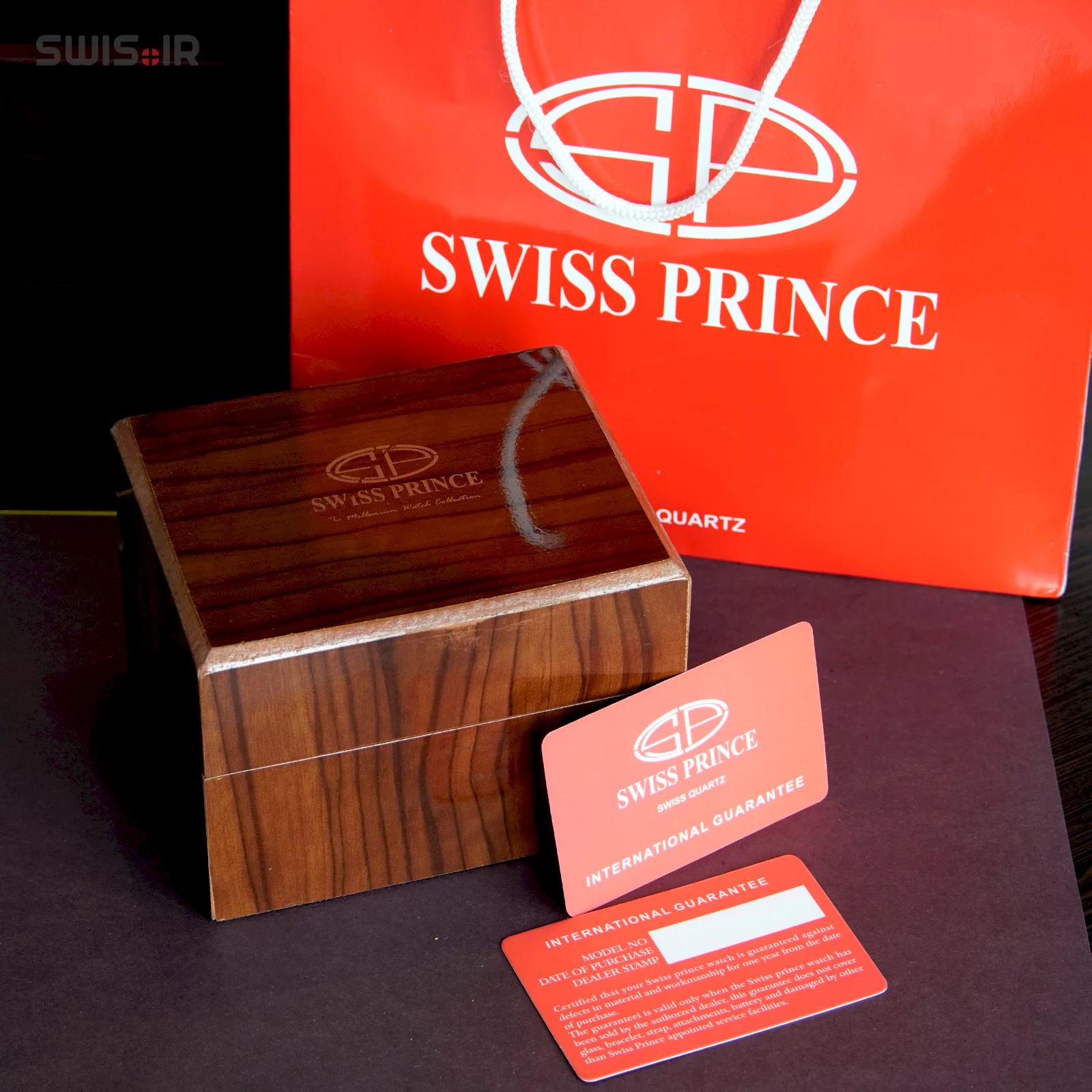 نمونه جعبه ساعت مچی و ساک مخصوص و کارت گارانتی برند سوئیس پرینس