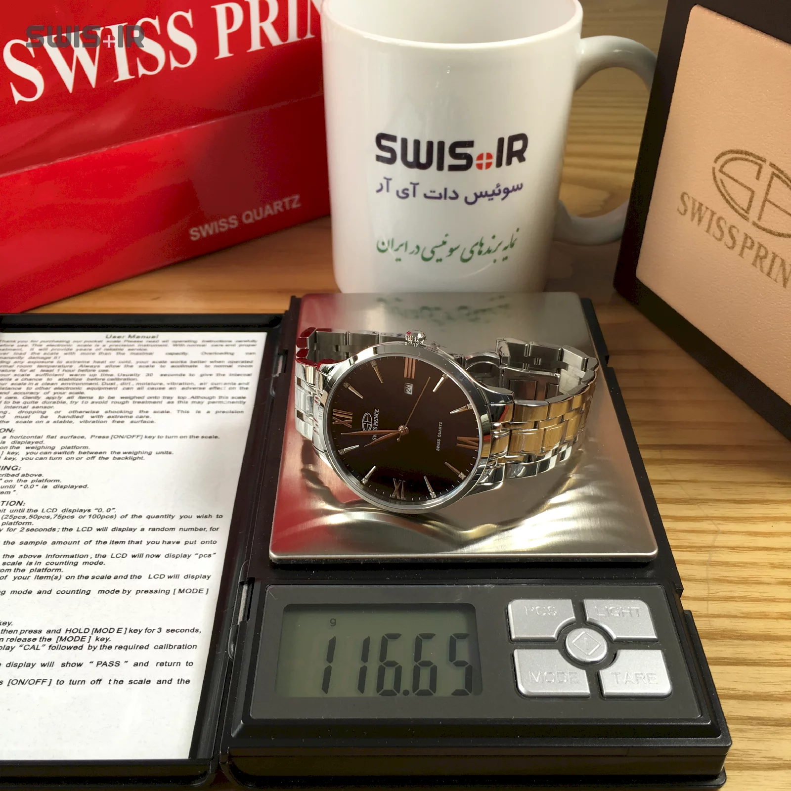 وزن دقیق ساعت مچی مردانه برند سوئیس پرینس مدل Silver-Black-815-M