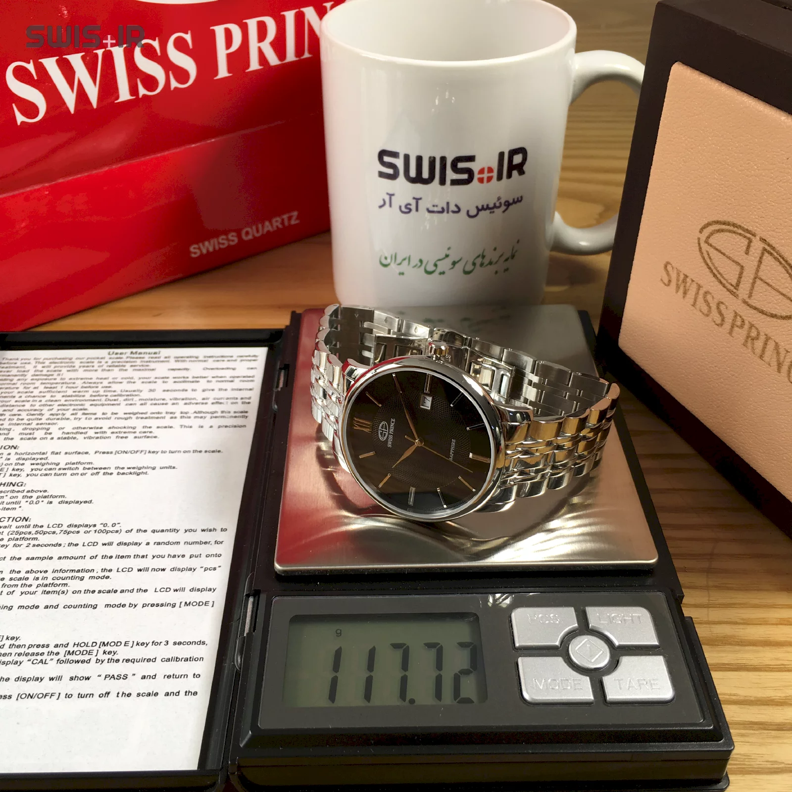 وزن دقیق ساعت مچی مردانه برند سوئیس پرینس مدل Silver-Black-816-M
