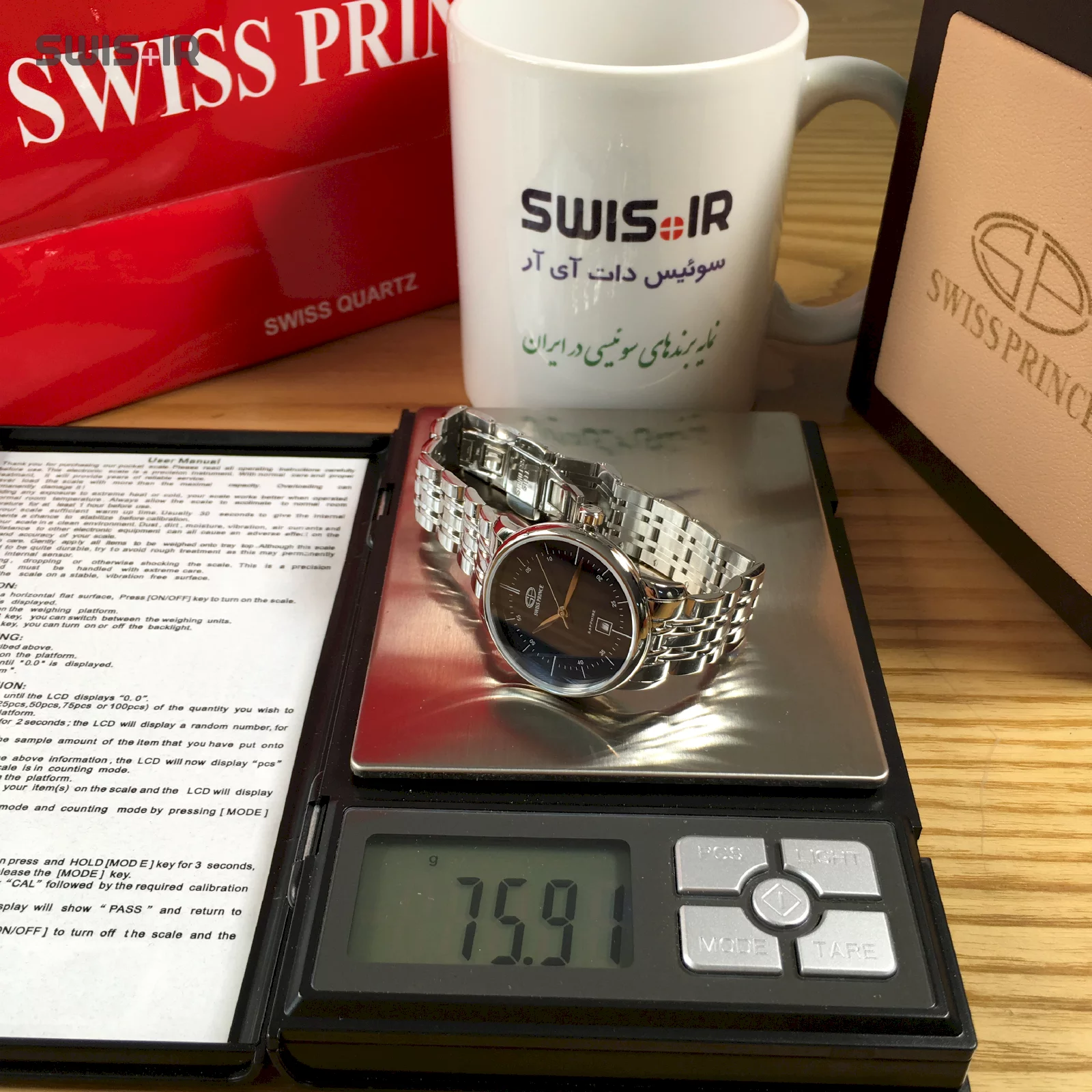 وزن دقیق ساعت مچی زنانه برند سوئیس پرینس مدل Silver-Black-817-L