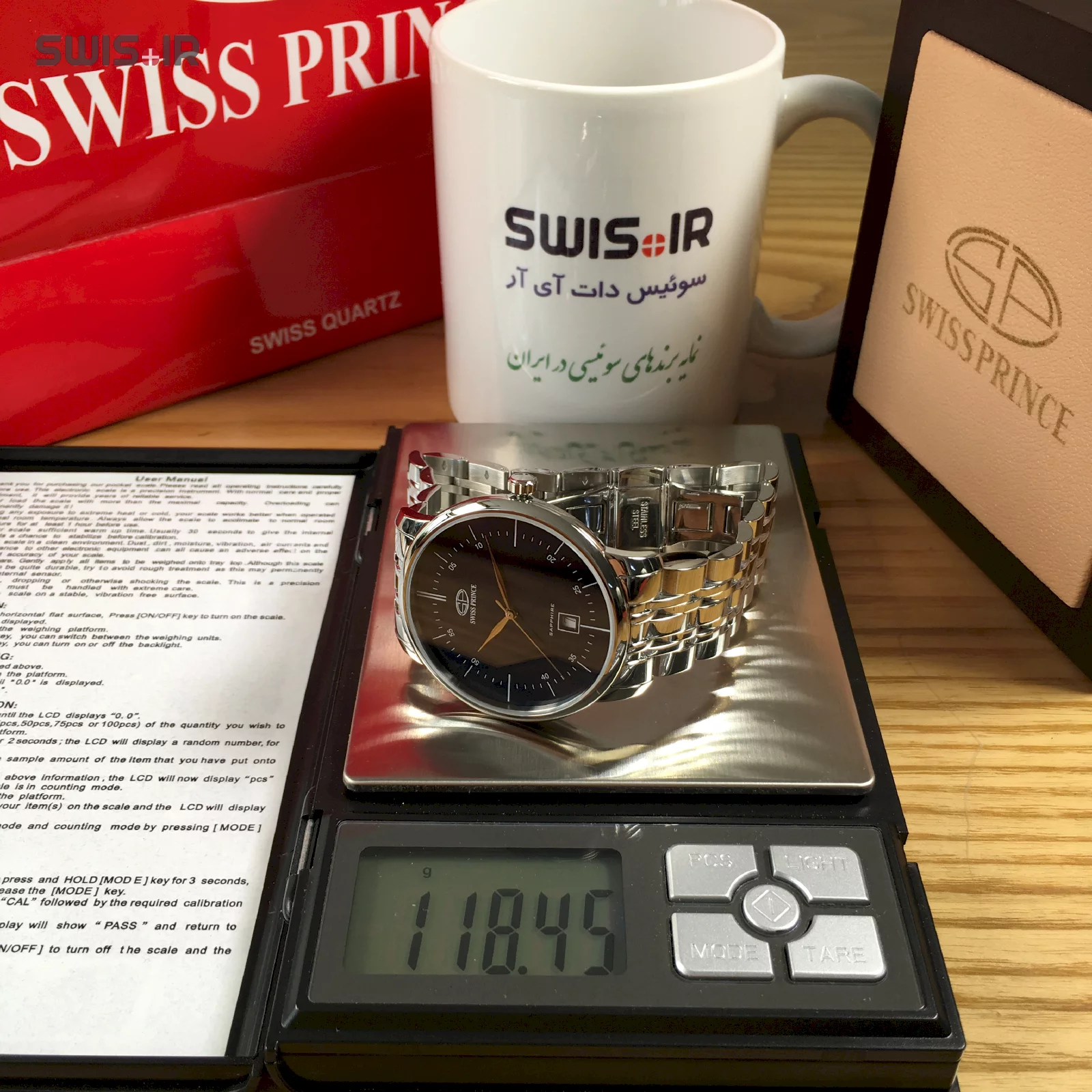 وزن دقیق ساعت مچی مردانه برند سوئیس پرینس مدل Silver-Black-817-M
