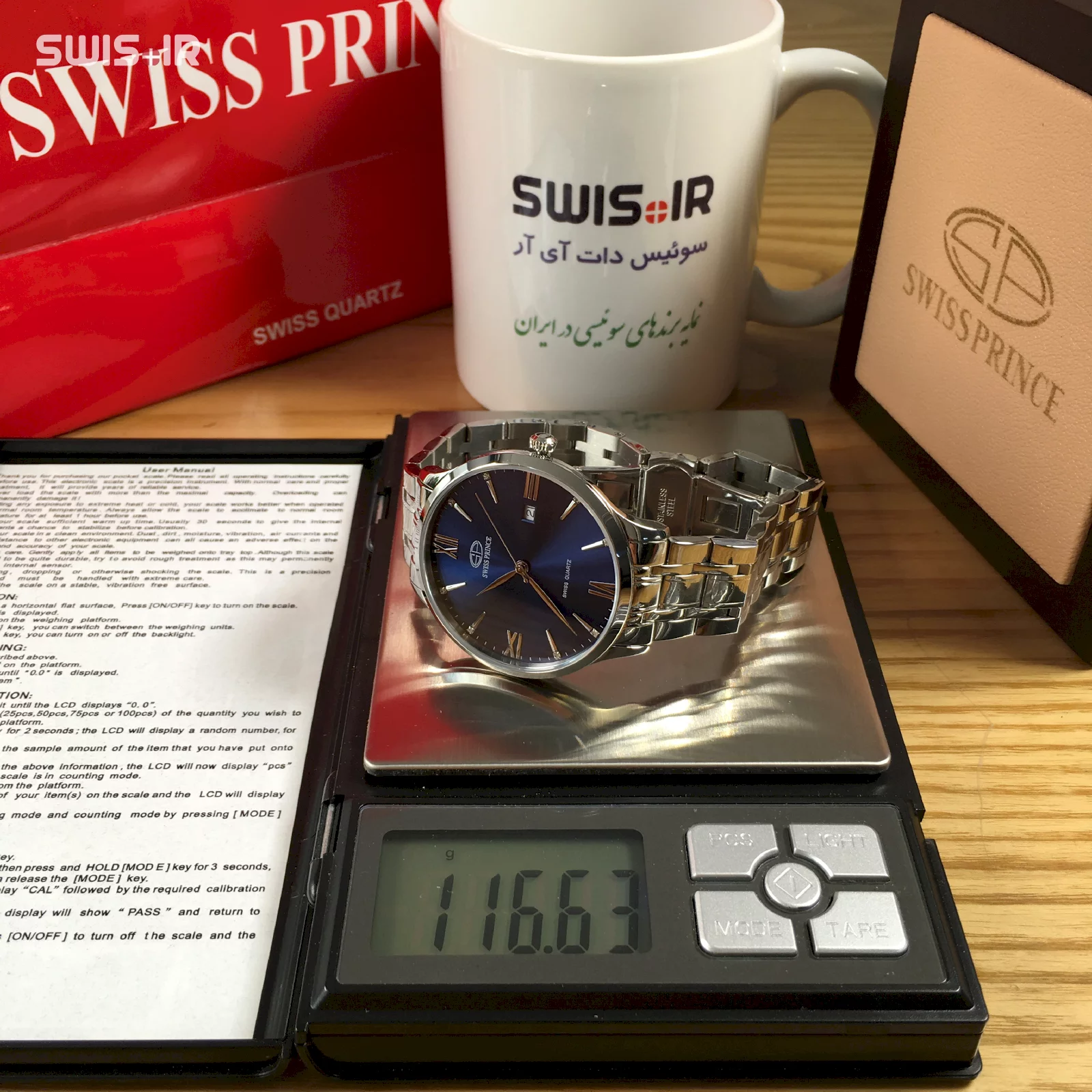 وزن دقیق ساعت مچی مردانه برند سوئیس پرینس مدل Silver-Blue-815-M